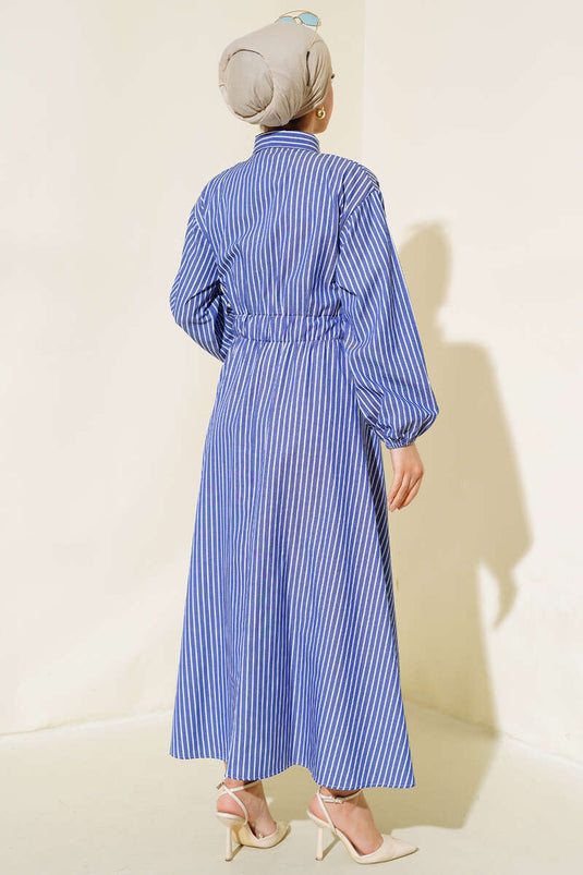 Boydan Düğmeli Çizgili Elbise Lacivert