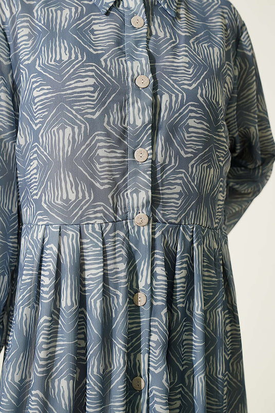 Robe À Motifs Boutonnée Indigo