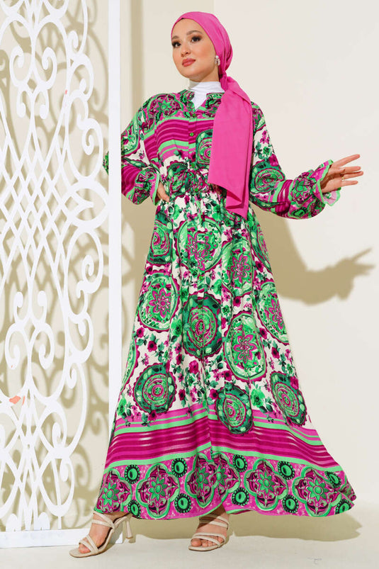 Buttoned Patterned Dress Fuchsia Green