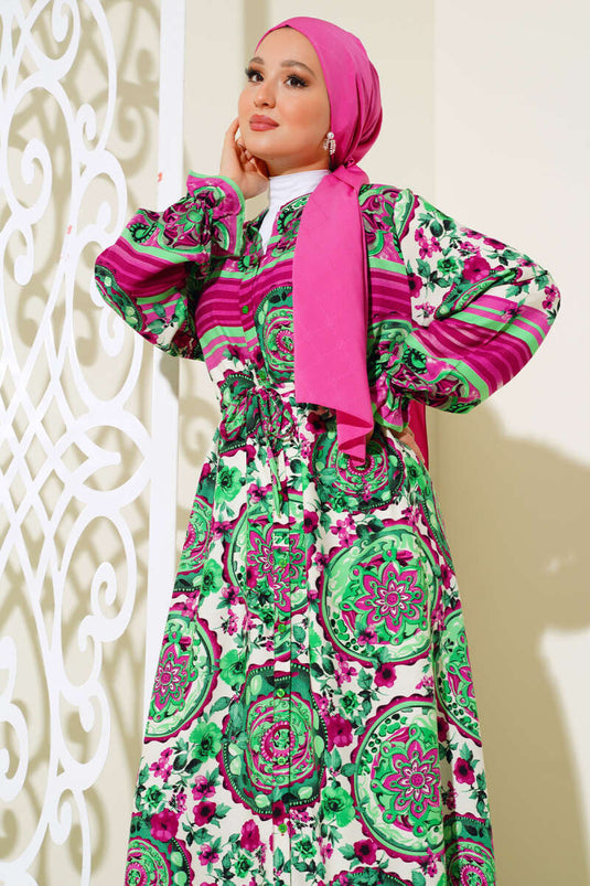 Buttoned Patterned Dress Fuchsia Green