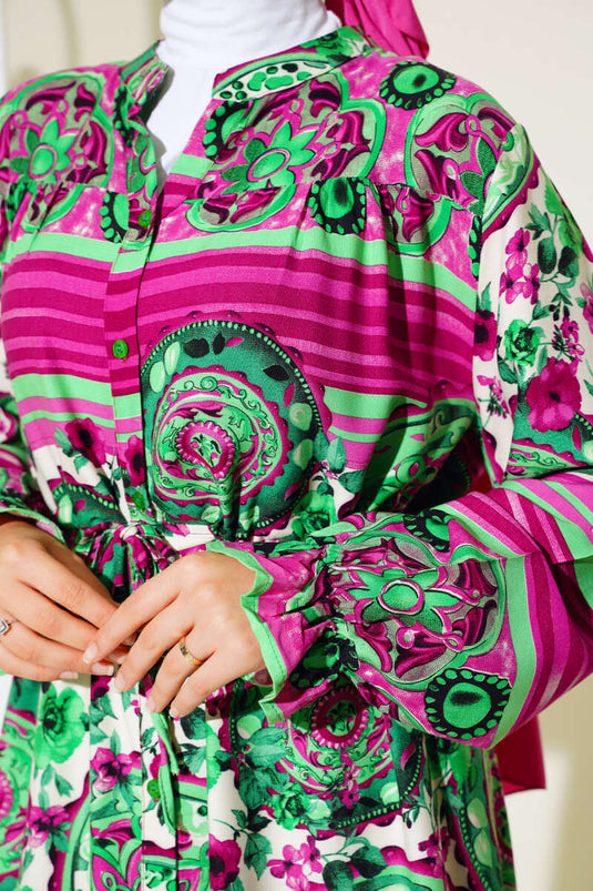 Buttoned Patterned Dress Fuchsia Green