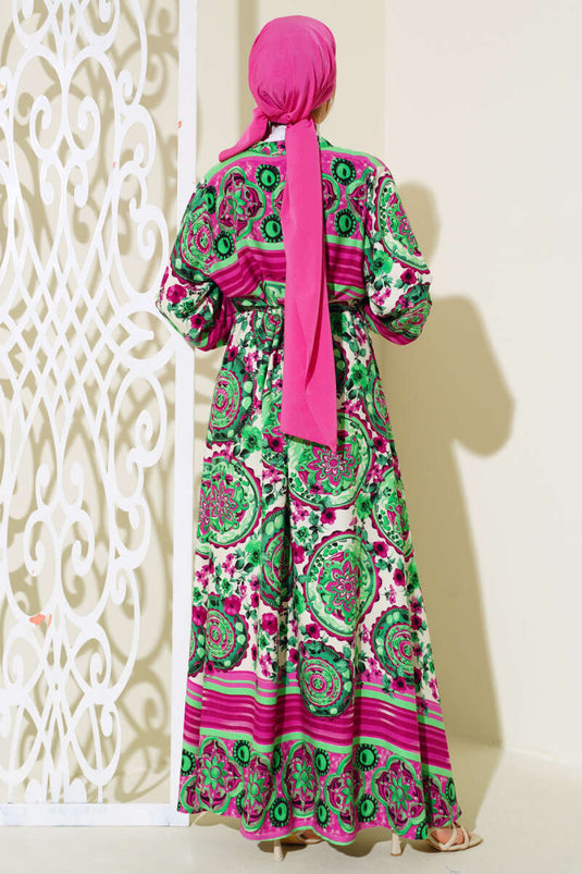 Buttoned Patterned Dress Fuchsia Green
