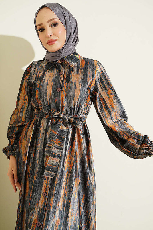 Samtdress Mit Knöpfen Und Muster In Rauchgrau