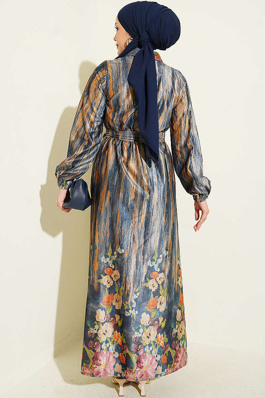 Blauw Velvet Jurk Met Knopen En Dessin