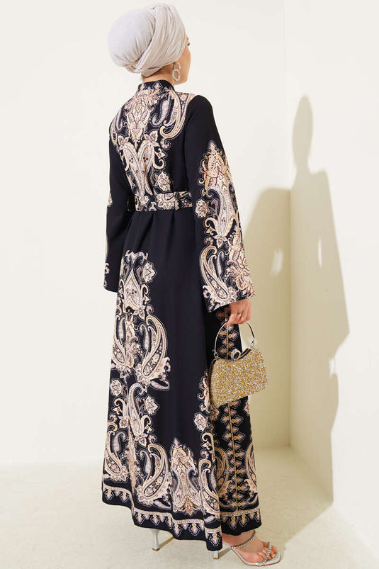 Buttoned Patterned Belted Dress Black