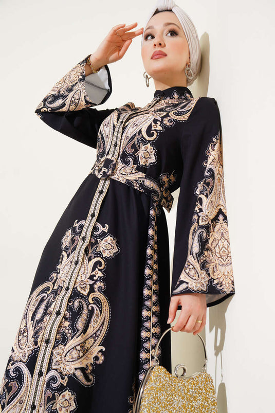 Buttoned Patterned Belted Dress Black