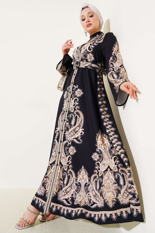 Buttoned Patterned Belted Dress Black