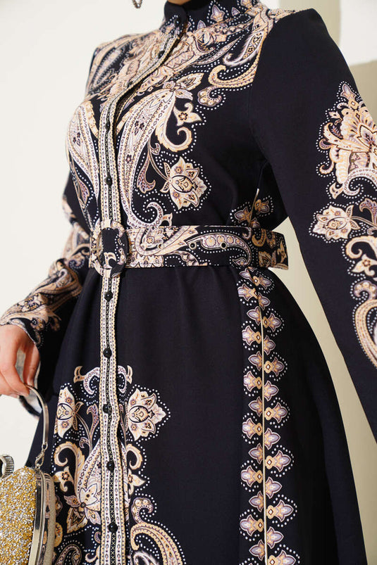 Buttoned Patterned Belted Dress Black