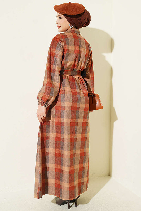 Camel Karo-Kleid Mit Knöpfen