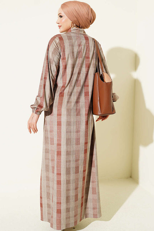 Knop-Down Geruit Fluwelen Jurk Taupe
