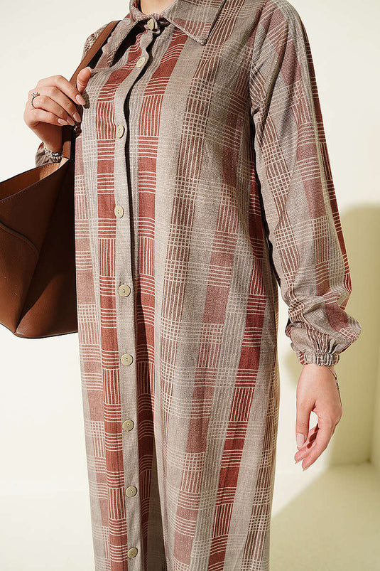 Knop-Down Geruit Fluwelen Jurk Taupe