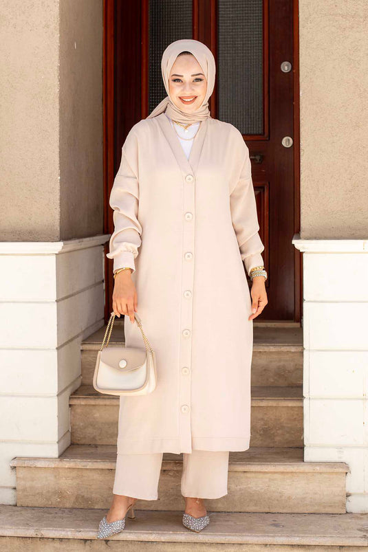 Buttoned Aerobin Hijab Two-Piece Set Beige