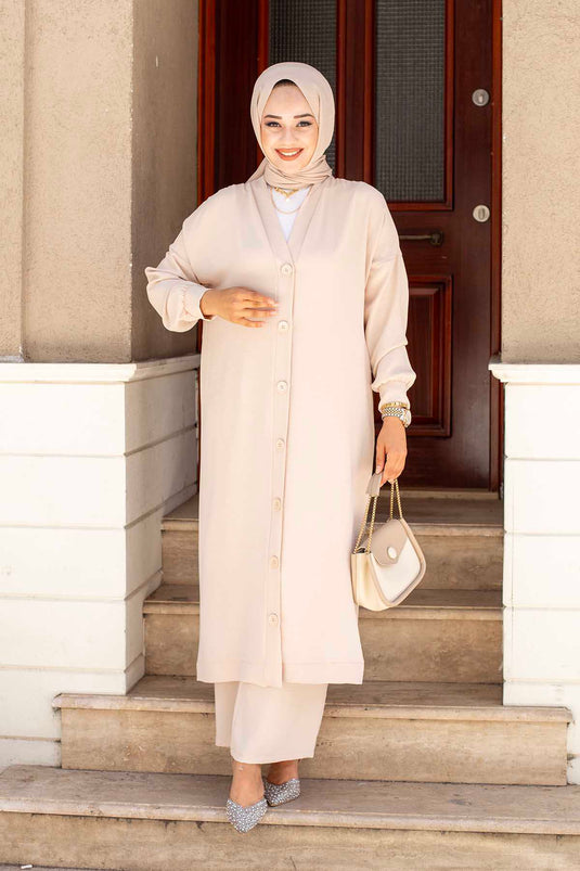 Buttoned Aerobin Hijab Two-Piece Set Beige