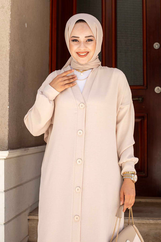 Costume Hijab Aerobin Deux Pièces avec Boutons au niveau du Cou Beige