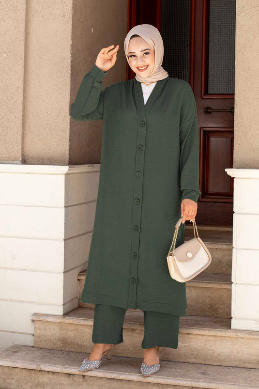 Buttoned Aerobin Hijab Two-Piece Set Khaki