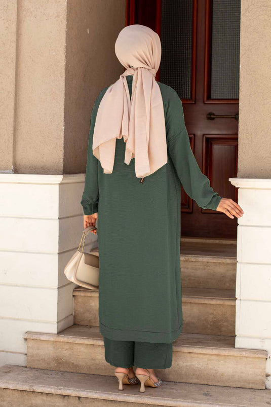 Buttoned Aerobin Hijab Two-Piece Set Khaki