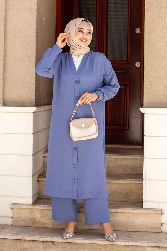 Abito Doppio Hijab Aerobin Con Bottoni Indaco