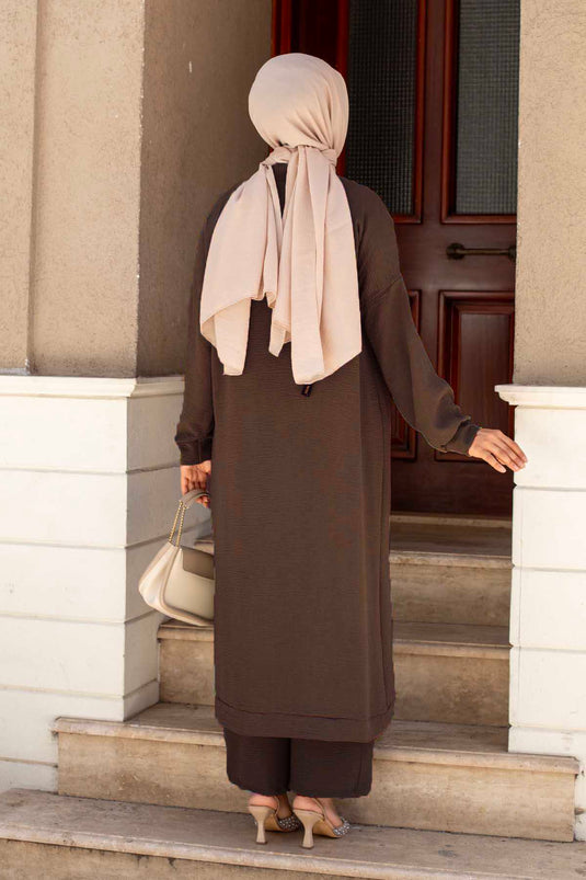 Buttoned Aerobin Hijab Two-Piece Set Brown