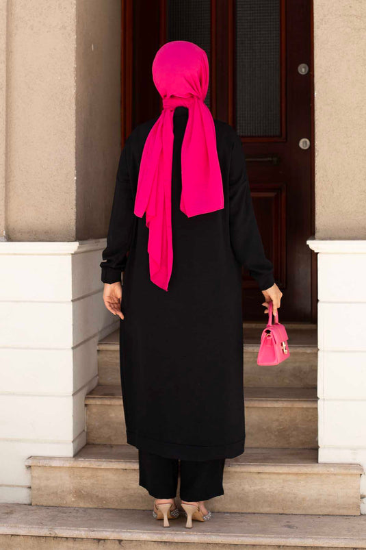 Boydan Düğmeli Aerobin Tesettür İkili Takım Siyah