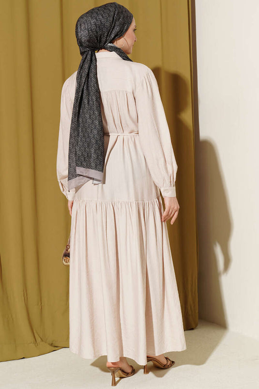 Beige Full-Button Drawstring Dress