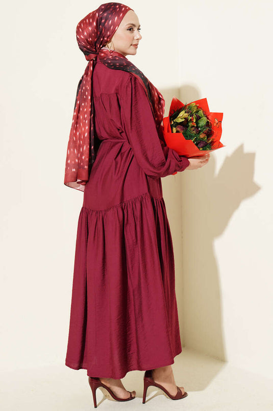 Burgundy Full-Button Drawstring Dress