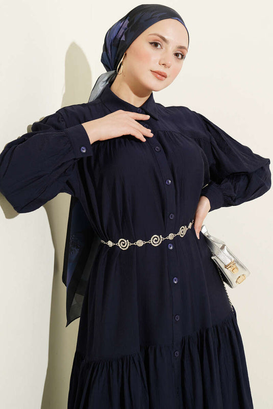 Full-Length Buttoned Dress with Drawstring Navy Blue