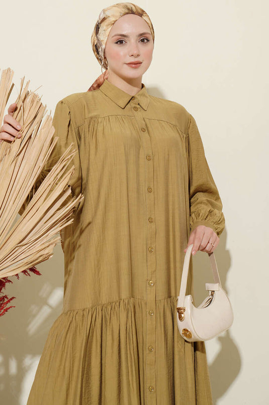 Full-Length Buttoned Dress with Drawstring in Olive Green
