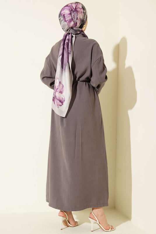 Full-Length Buttoned Drawstring Tencel Dress in Charcoal