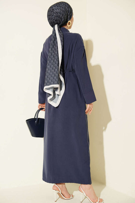 Full-Length Buttoned Tencel Dress with Drawstring Navy Blue