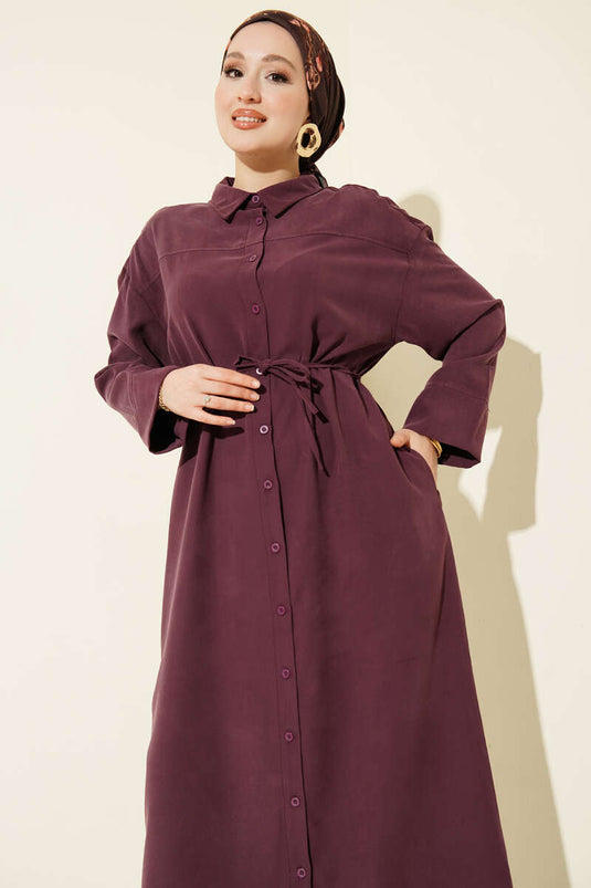 Full-Length Buttoned Tencel Dress with Drawstring Plum