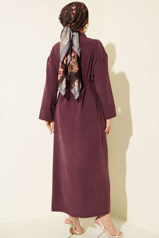 Full-Length Buttoned Tencel Dress with Drawstring Plum