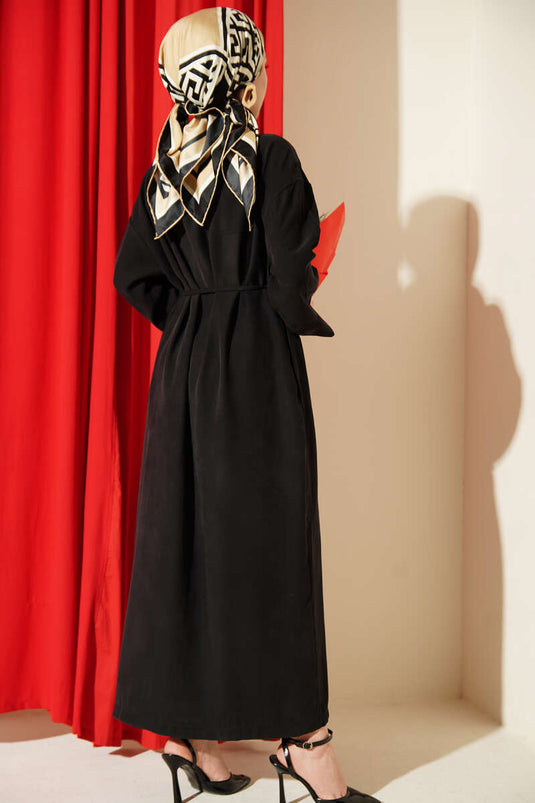 Black Full-Button Tencel Dress with Drawstring