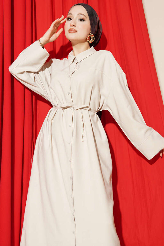 Full-Length Buttoned Drawstring Tencel Dress Stone