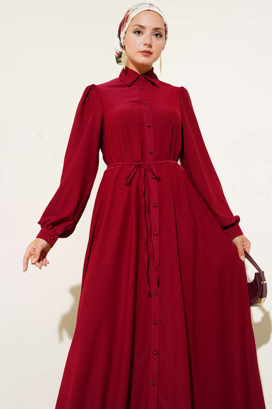 Buttoned-down Rope Belted Dress, Burgundy