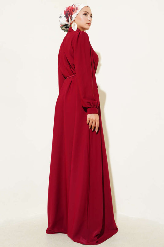 Buttoned-down Rope Belted Dress, Burgundy
