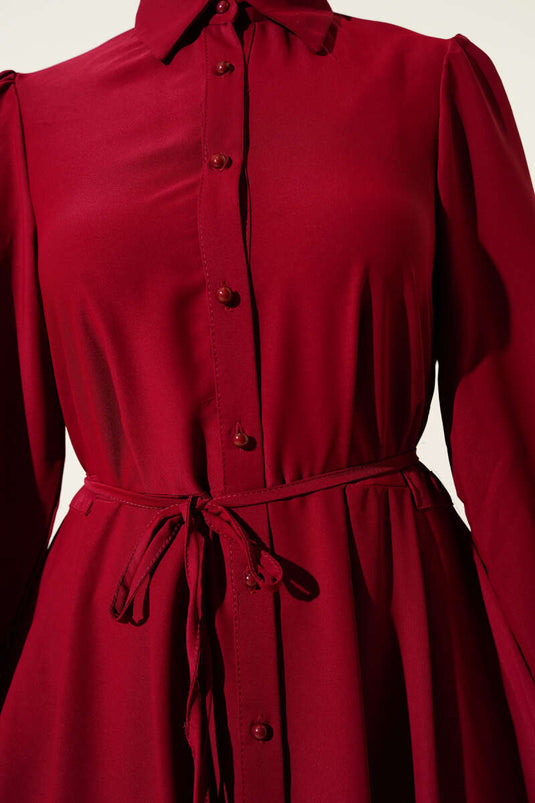 Buttoned-down Rope Belted Dress, Burgundy