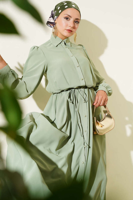 Boydan Düğmeli İp Kuşaklı Elbise Çağla Yeşili