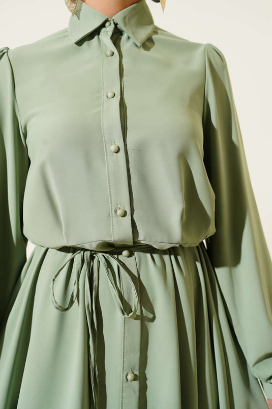 Boydan Düğmeli İp Kuşaklı Elbise Çağla Yeşili