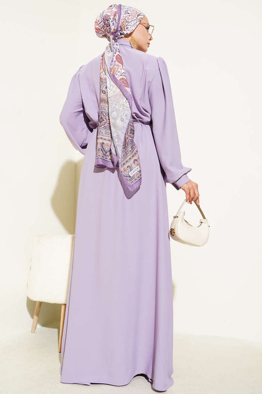 Boydan Düğmeli İp Kuşaklı Elbise Lila