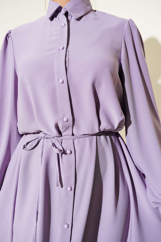 Boydan Düğmeli İp Kuşaklı Elbise Lila