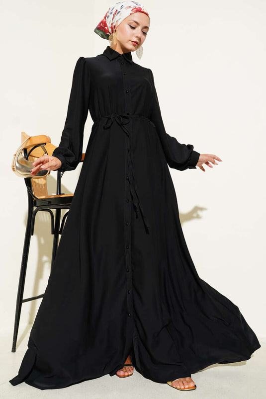 Boydan Düğmeli İp Kuşaklı Elbise Siyah