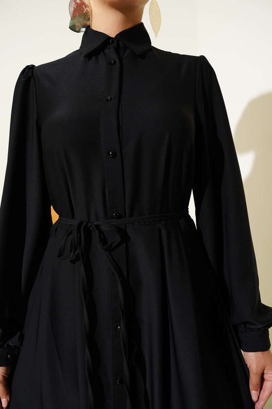 Boydan Düğmeli İp Kuşaklı Elbise Siyah