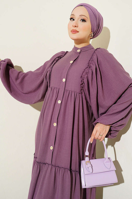 Boydan Düğmeli Kat Kat Elbise Mor