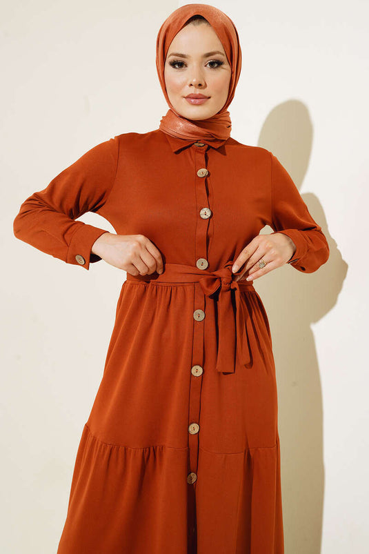 Boydan Düğmeli Kat Kat Elbise Taba