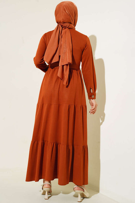 Boydan Düğmeli Kat Kat Elbise Taba