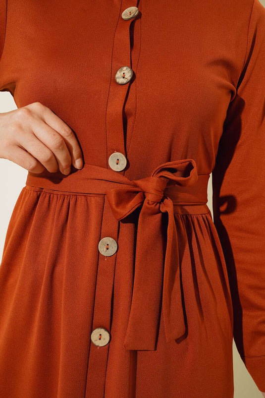 Boydan Düğmeli Kat Kat Elbise Taba