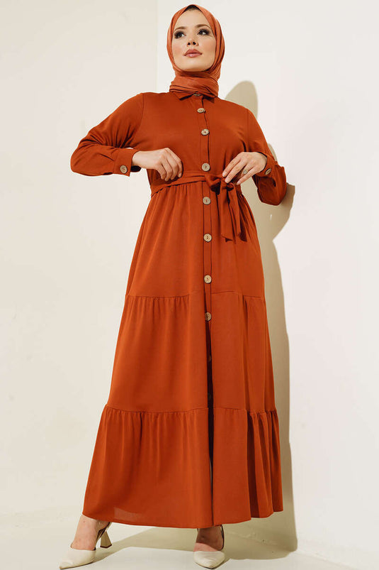 Boydan Düğmeli Kat Kat Elbise Taba