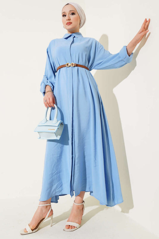 Full-Length Buttoned Dress with Belt Basic Ice Blue