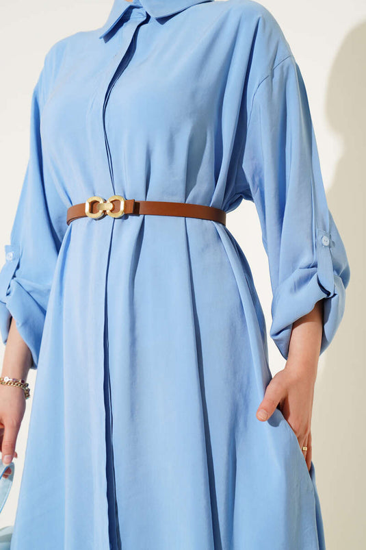 Full-Length Buttoned Dress with Belt Basic Ice Blue