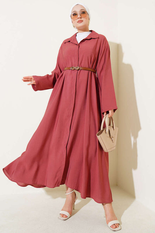 فستان أساسي بحزام بأزرار، لون وردي باهت